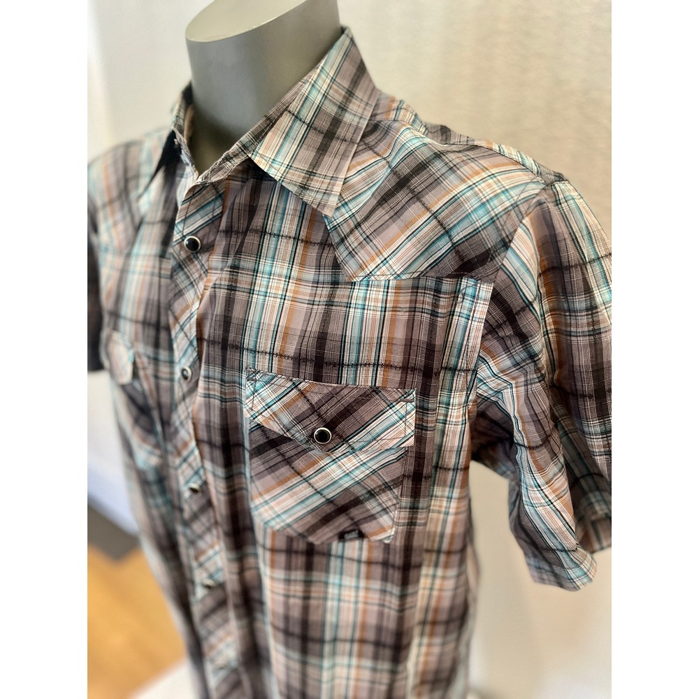 Coastal Clothing Pearl Snap Western Shirt Mens XL Grey Turquoise Plaid CSTL